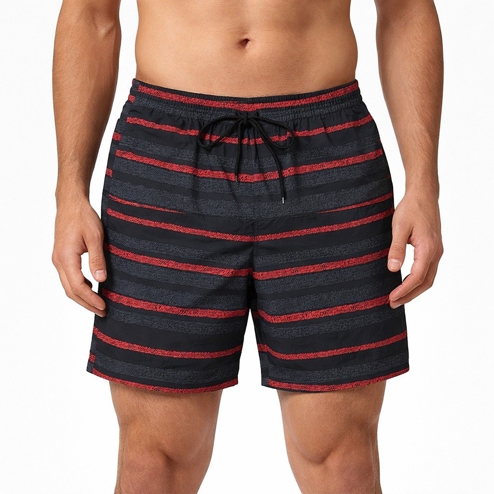 Columbia‎ Men's Large Swim Trunks Black Red Striped Omni-Shield Lined